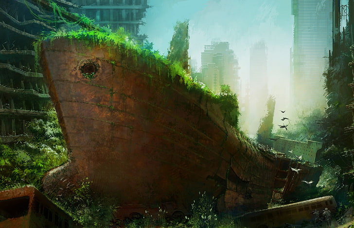 brown broken ship painting, artwork, apocalyptic, HD wallpaper