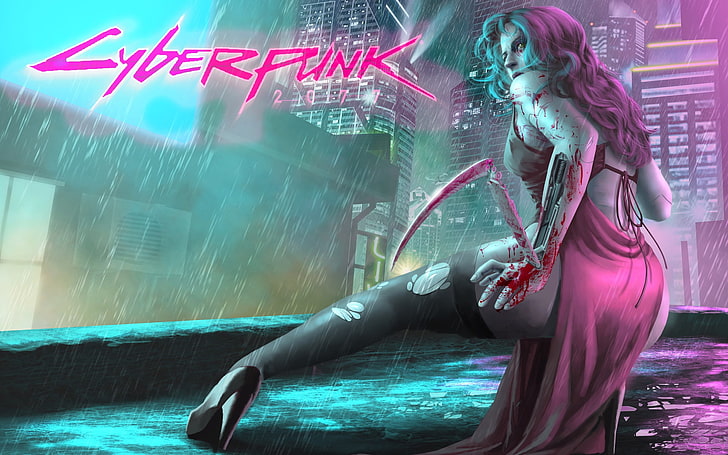 فتاة ، المدينة ، اللعبة ، المطر ، الفن ، سايبورغ ، CD Projekt RED ، Cyberpunk 2077 ، Cyberpunk ، Cyborgs ، 2077 ، لعبة فيديو ، مفهوم الفن، خلفية HD