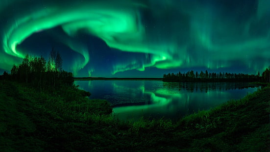 polar lights, aurora borealis, night sky, reflection, night lights, landscape, HD wallpaper HD wallpaper