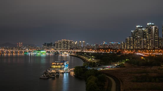 natt, ljus, flod, Seoul, Sydkorea, Han River, HD tapet HD wallpaper