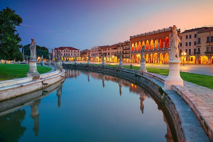 reflektion, byggnad, hem, Italien, kanal, statyer, Padova, Prato della Valle, Square Prato della Valle, HD tapet