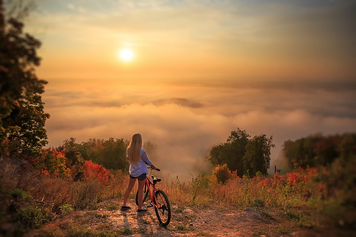bicycle, women, landscape, nature, HD wallpaper