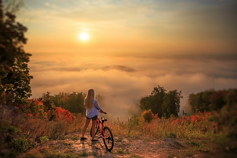 natura, donne, paesaggio, bicicletta, Sfondo HD HD wallpaper