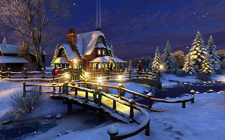 ilustracja brązowego domu, zima, gwiazdy, śnieg, dekoracja, noc, most, światła, rzeka, strumień, wakacje, drzewo, świerk, boże narodzenie, nowy rok, malowanie, chata, most do chaty, Tapety HD