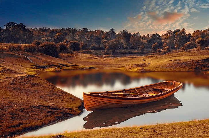 brown wooden framed brown wooden table, boat, nature, landscape, HD wallpaper