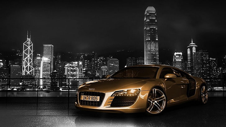 Audi, voiture de rêve, monochrome, paysage urbain, lumières de la ville, gratte-ciel, Fond d'écran HD