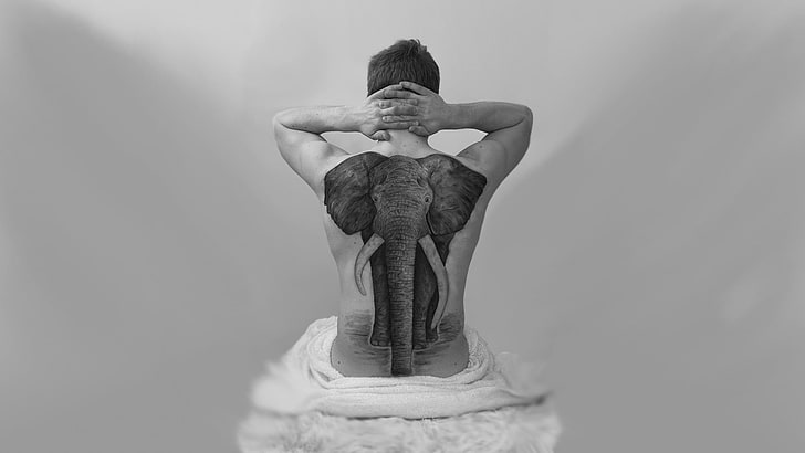 Elefant zurück Tätowierung, Monochrom, Elefant, Männer, Tätowierung, HD-Hintergrundbild