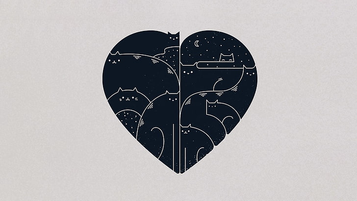 черно-бяла илюстрация на сърце, минимализъм, сърце, котка, произведения на изкуството, животни, прост фон, HD тапет