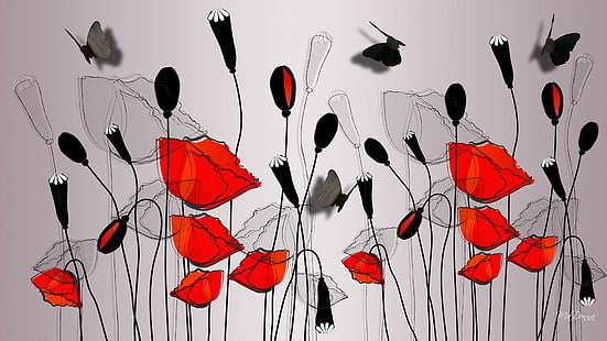 Poppies Shadow Butterflies, draw, coquelicots, papillon, fleurs, printemps, artistique, papillons, été, nature et paysages, Fond d'écran HD HD wallpaper
