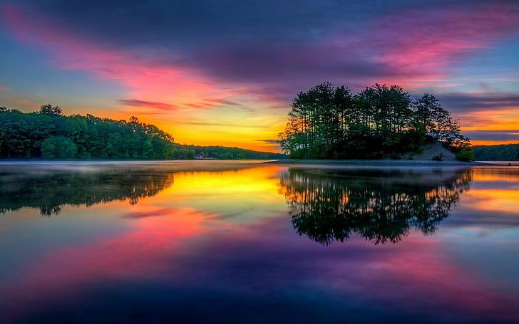 Massachusetts, trees, sky, reflection, clouds, colorful, mist, lake, island, landscape, nature, calm, water, HD wallpaper
