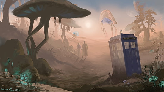 илюстрация на синя телефонна кабина, TARDIS, аниме, Doctor Who, The Elder Scrolls III: Morrowind, HD тапет HD wallpaper