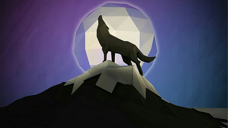 wolf, moon, mountain, low-poly, darkness, art, low poly, polygon, style, design, graphics, graphic design, roar, HD wallpaper