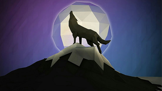 wolf, moon, mountain, low-poly, darkness, art, low poly, polygon, style, design, graphics, graphic design, roar, HD wallpaper HD wallpaper