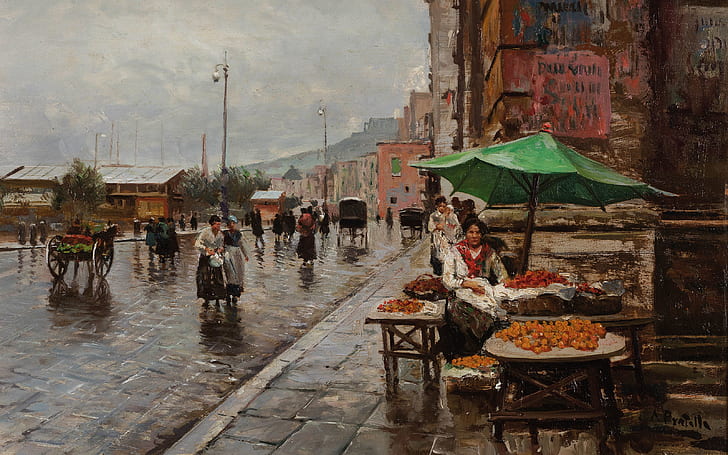 Napoli, Napoli, pittore italiano, olio su tela, la via del mercato, Attilio Pratella, Sfondo HD
