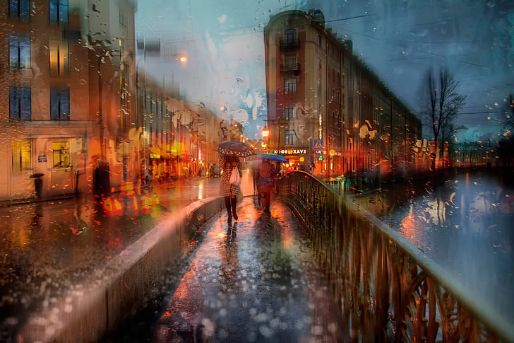 två personer som går medan du håller paraplymålning, höst, flicka, regn, paraply, Peter, St Petersburg, HD tapet