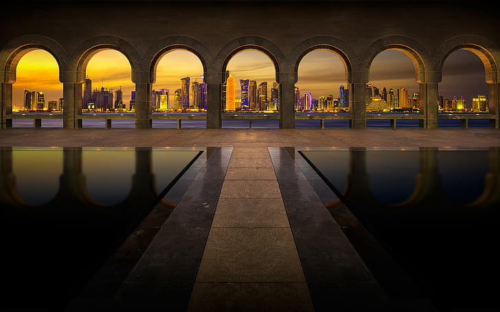 Qatar, cityscape, arch, skyscraper, pillar, reflection, museum, skyline, walkway, Doha, HD wallpaper