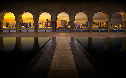 Qatar, cityscape, arch, skyscraper, pillar, reflection, museum, skyline, walkway, Doha, HD wallpaper HD wallpaper