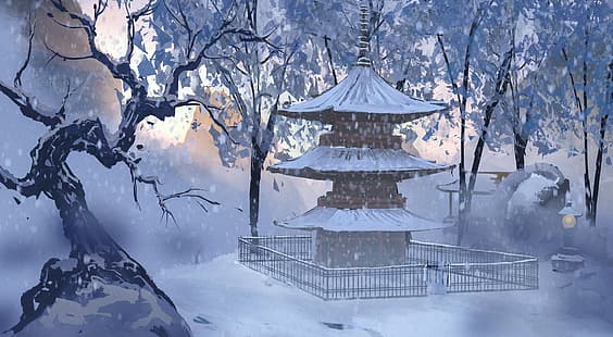  anime, temple, winter, snow, Surendra Rajawat, HD wallpaper HD wallpaper