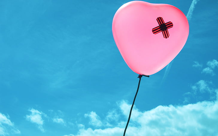 balloon, broken, clouds, emotion, flight, float, fly, healing, heart, love, pain, pink, romance, sky, HD wallpaper