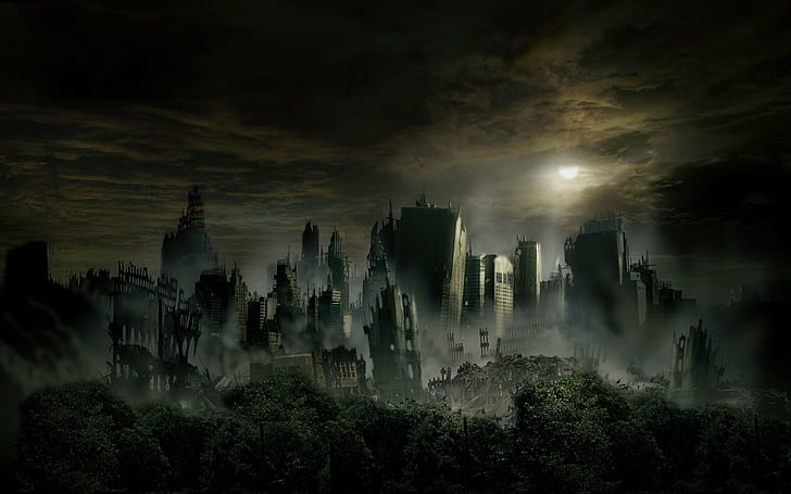 dunkle Ruine städtischer Verfall apokalyptisch überwuchert bedeckt, HD-Hintergrundbild