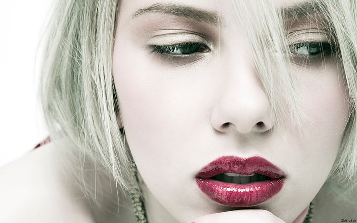 wanita, Scarlett Johansson, wajah, potret, selebriti, aktris, lipstik merah, Wallpaper HD