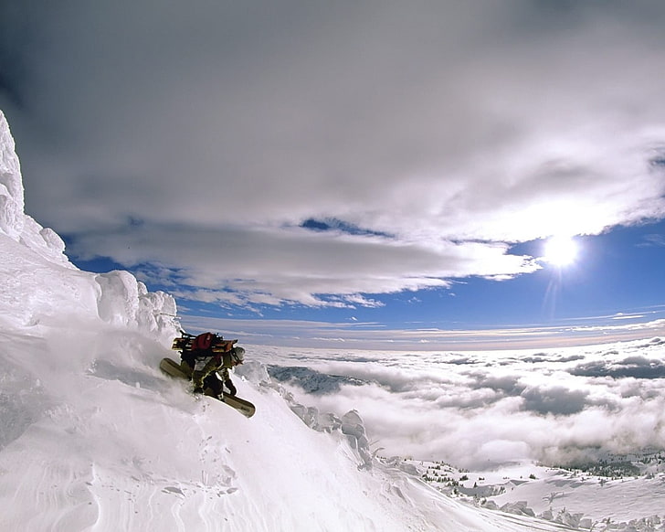 beige snowboard, extreme, descent, vertical, snowboard, height, mountain, person, HD wallpaper