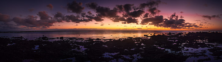 coucher de soleil, deux moniteurs, double affichage, mer, Fond d'écran HD