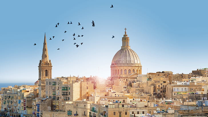 Malta, Valletta City town, byggnader, fåglar, solstrålar, Malta, Valletta, City, Town, Buildings, Birds, Sun, Rays, HD tapet