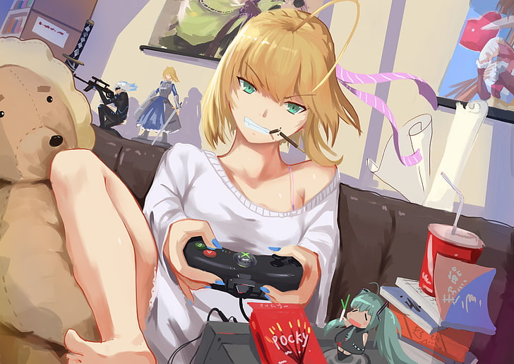 blonde haired female anime character holding game controller, anime girls, Hatsune Miku, Saber Lily, Xbox 360, Fate/Grand Order, Fate Series, Saber, Pocky, HD wallpaper