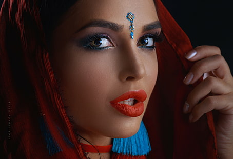 kobiety, twarz, portret, czerwona szminka, pomalowane paznokcie, Tapety HD HD wallpaper