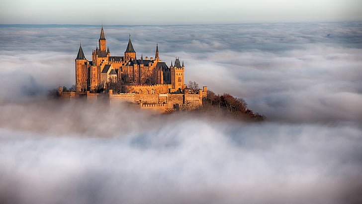 曇り、ホーエンツォレルン城、城、バイエルン、ドイツ、朝、建物、雲、バーデンヴュルテンベルグ州、ヨーロッパ、 HDデスクトップの壁紙