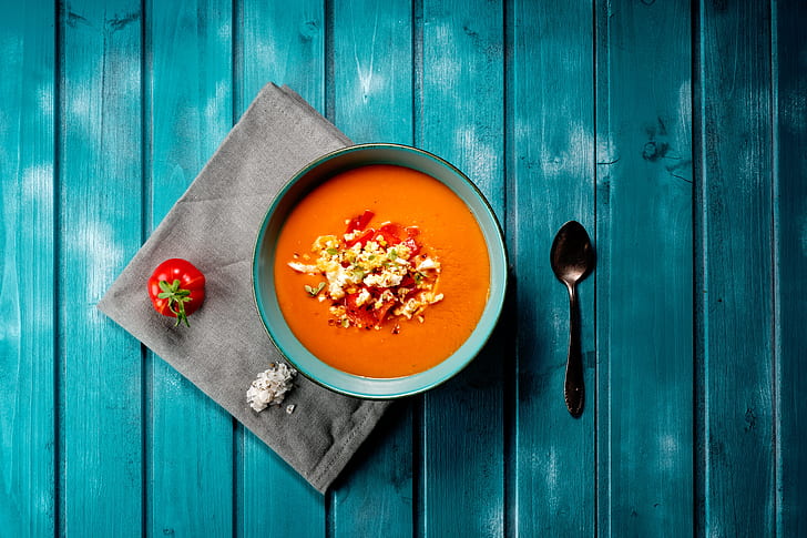 plate, spoon, soup, tomato, HD wallpaper