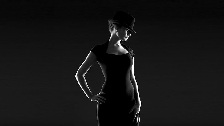 monochrome, women, black dress, hat, tight clothing, model, HD wallpaper