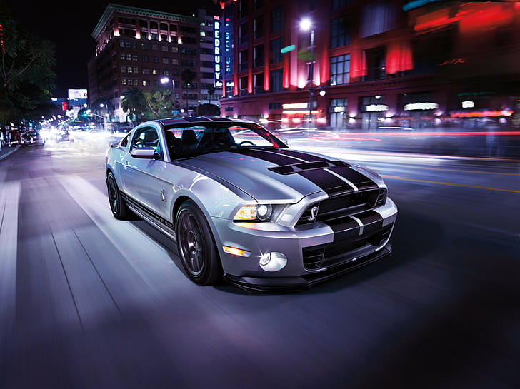 road, car, light, the city, strip, speed, mustang, sports car, ford, shelby, megapolis, gt500, HD wallpaper