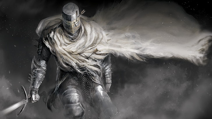 osoba trzymająca miecz ilustracja, Dark Souls, Dark Souls II, rycerz, grafika, zbroja, miecz, peleryna, gry wideo, Heide Knight, Tapety HD