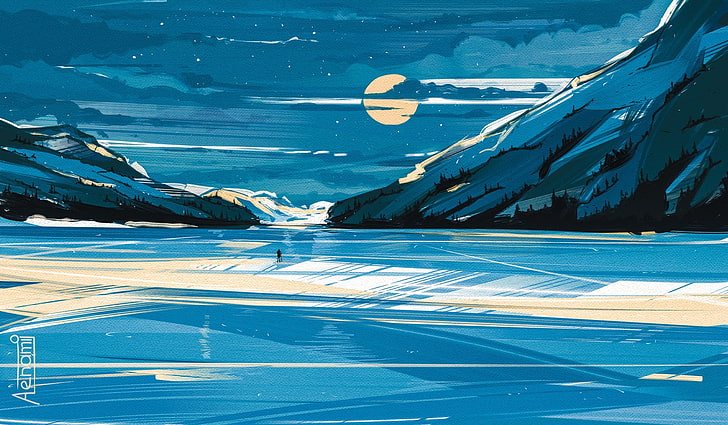 artwork, Aenami, ice, Moon, blue, HD wallpaper