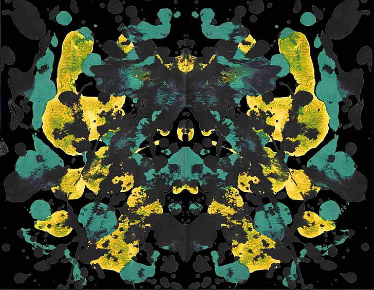 gelbe und blaugrüne abstrakte Malerei, Rorschach-Test, Tinte, Farbspritzer, Symmetrie, HD-Hintergrundbild
