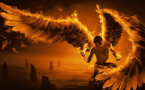 човек с крила тапет, огън човек, ангел, крила, HD тапет HD wallpaper
