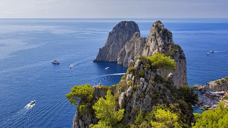 sky, trees, sea, landscape, Italy, nature, rocks, boats, horizon, Capri, cliff, limestone, far view, Stacks, HD wallpaper
