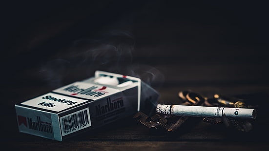 Marlboro cigarette with box, macro, cigarette, Smoking kills, HD wallpaper HD wallpaper