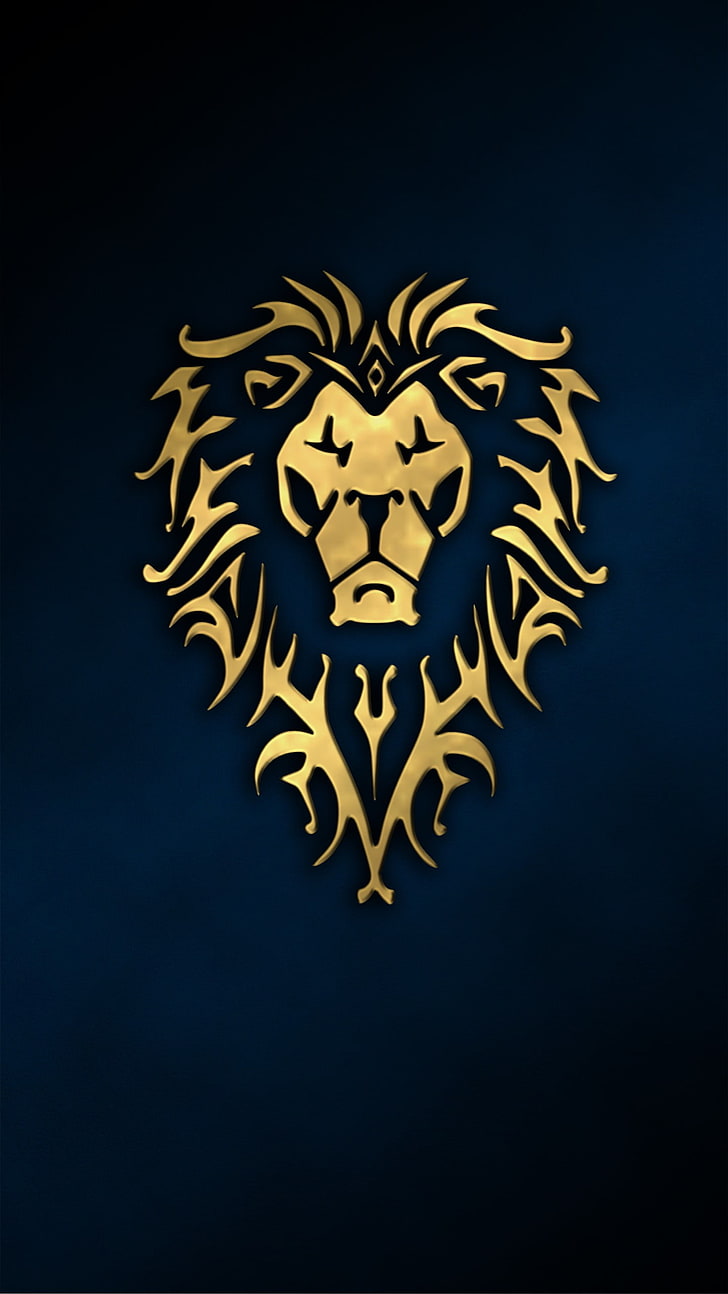 illustration av brunt lejon, digital konst, porträttvisning, enkel bakgrund, minimalism, djur, lejon, blå bakgrund, symmetri, Alliance, Warcraft, World of Warcraft, guld, HD tapet, telefon tapet