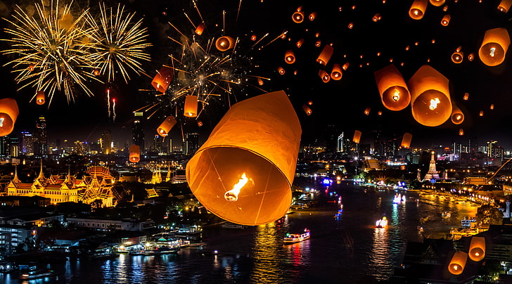 orange sky lantern lot, night, lights, holiday, collage, ship, home, Bay, temple, Thailand, lanterns, Bangkok, HD wallpaper