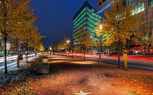 brązowe drzewa liściaste, miasto, Berlin, jesień, latarnia uliczna, długi czas naświetlania, Tapety HD HD wallpaper
