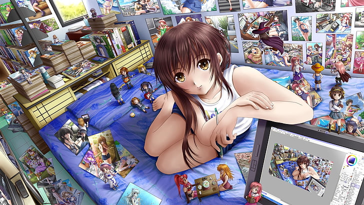 anime girl, otaku room, figures, Anime, HD wallpaper