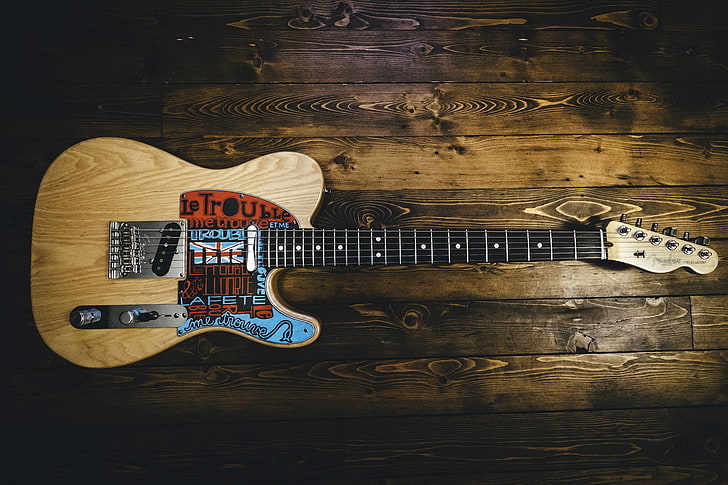brown telescaster guitar, music, background, guitar, HD wallpaper