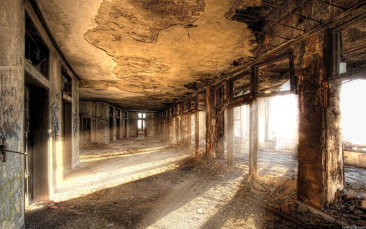 dinding beton abu-abu, apokaliptik, kota, lorong, kehancuran, Wallpaper HD