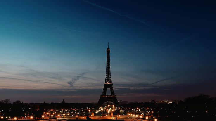 le ciel, nuit, lumières, France, Paris, silhouette, Tour Eiffel, Fond d'écran HD