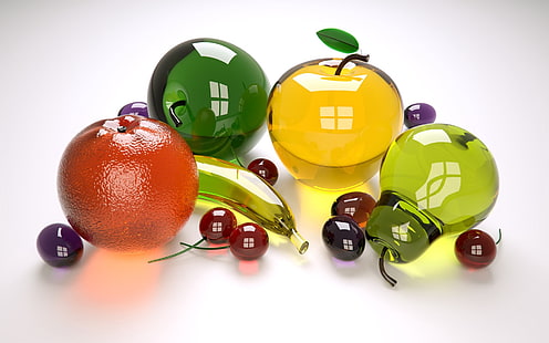 مجموعة متنوعة من الفاكهة الزجاجية للزينة على المائدة ، الفاكهة ، الزجاج ، الملون ، المجموعة، خلفية HD HD wallpaper