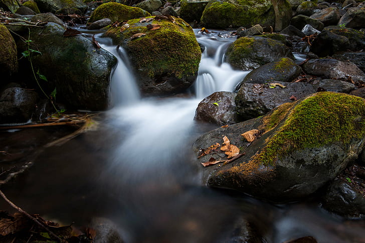 time lapse photo of flowing river with stones, DSC, jpg, time lapse, photo, river, stones, nature, landscape, philippines, stream, waterfall, forest, outdoors, rock - Object, water, autumn, moss, leaf, scenics, freshness, tree, beauty In Nature, flowing Water, flowing, wet, HD wallpaper