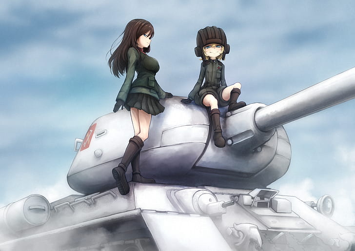 Катюша (Girls und Panzer), Нонна (Girls und Panzer), Girls und Panzer, T-34-85, перчатки, HD обои